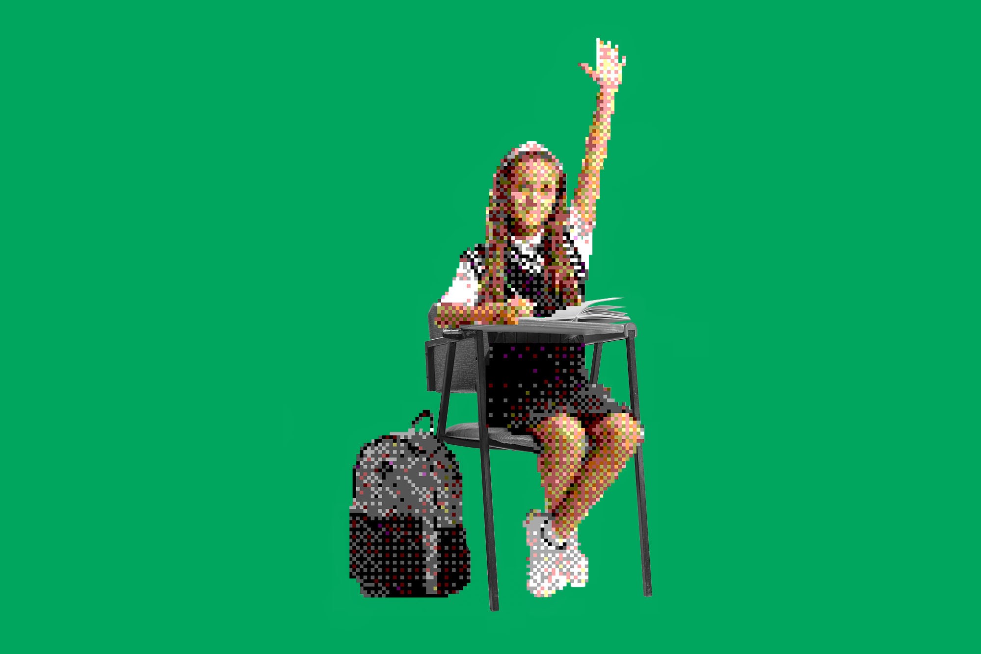 Photo collage of a pixelated student at a desk.